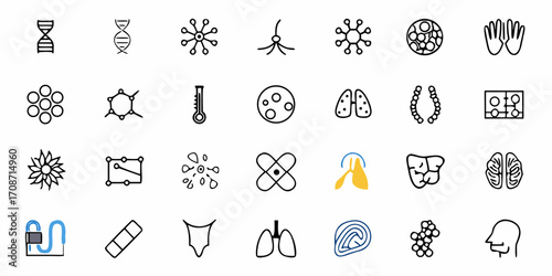 Discover the intricacies of biology with this collection of scientific icons featuring DNA, cells, organs, and molecular structures for medical and educational projects.