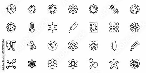 Diverse collection of scientific and biological icons featuring viruses, cells, molecules, and medical elements, perfect for educational and research presentations.