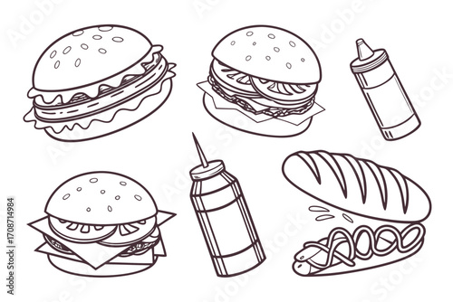 Burger hotdog ketchup food drawing illustration vector graphic design fast food restaurant menu clip art 100 on transparent background