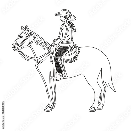 Stylized Line Art of a Woman Riding a Horse in a Cowboy Hat vector illustration