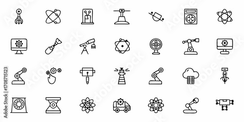 Dynamic science and industry icons collection featuring atomic structures, robotic arms, computers, and engineering tools for modern technology concepts and innovation themes