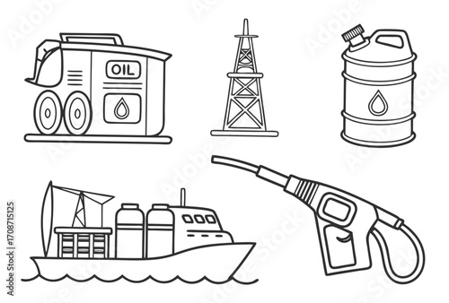 Oil industry equipment vector illustration including oil rig tanker and fuel pump for energy sector use on transparent background