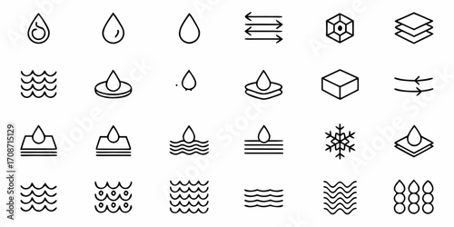 Captivating icons illustrate water properties, scientific concepts, and material characteristics for modern design projects