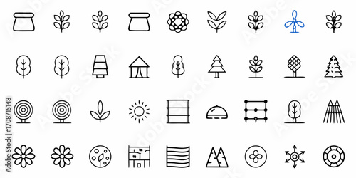 Vibrant collection of nature and environment icons showcasing trees, leaves, sun, flowers, and renewable energy for eco-friendly projects and sustainable living themes