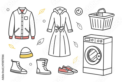 Laundry day essentials vector illustration featuring washing machine clothes basket and seasonal apparel items on transparent background