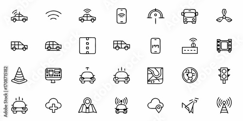 Smart car technology collection featuring connected vehicles, navigation, traffic signals, and wireless communication icons for modern transport innovation