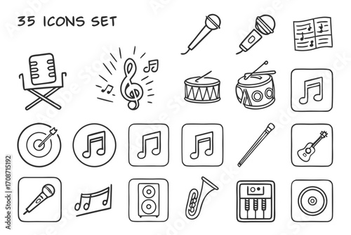 Music instruments icons set vector illustration featuring microphone drums guitar and musical notes elements 100 on transparent background