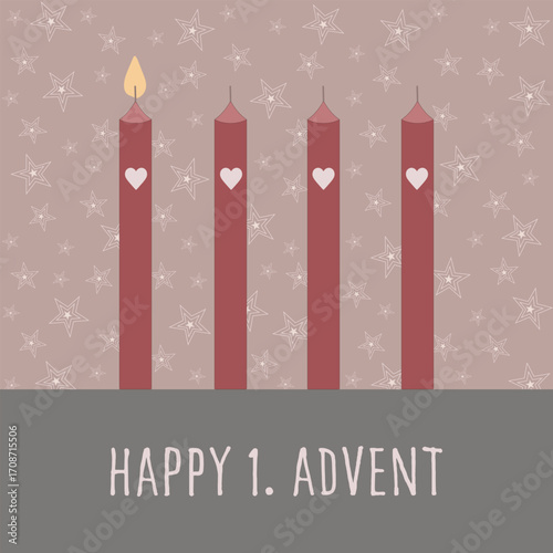 Happy 1. Advent - Schriftzug in englischer Sprache - Fröhlicher 1. Advent. Quadratische Grußkarte mit vier Kerzen vor einem Hintergrund mit Sternen.