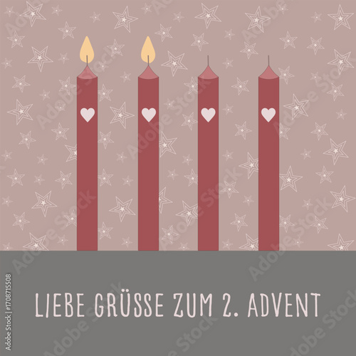 Liebe Grüße zum 2. Advent - Schriftzug in deutscher Sprache. Quadratische Grußkarte mit vier Kerzen vor einem Hintergrund mit Sternen.