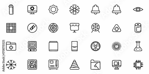 Diverse collection of simple outline icons representing technology, science, safety, and business concepts for modern design projects and presentations