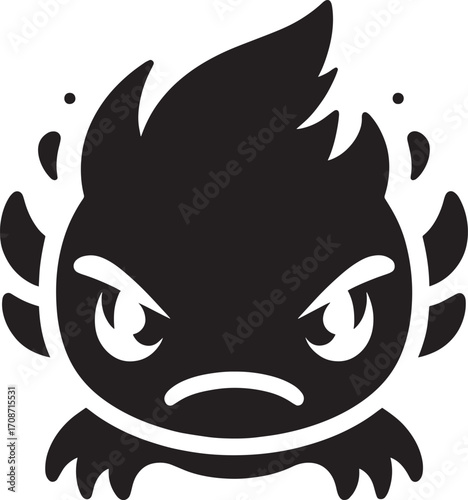 Stylized black silhouette of an angry salamander creature with fiery mane and fins