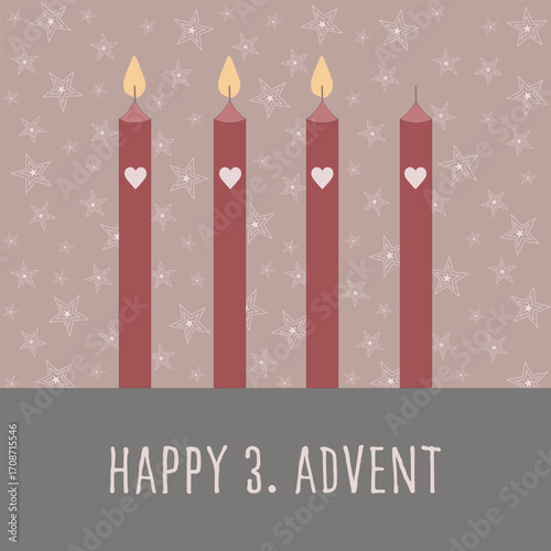 Happy 3. Advent - Schriftzug in englischer Sprache - Fröhlicher 3. Advent. Quadratische Grußkarte mit vier Kerzen vor einem Hintergrund mit Sternen.