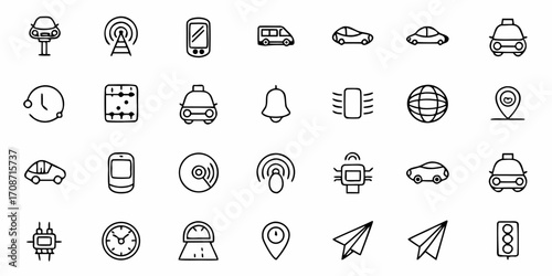 Dynamic collection of modern icons representing technology, transportation, communication, and time management for innovative digital and business projects.