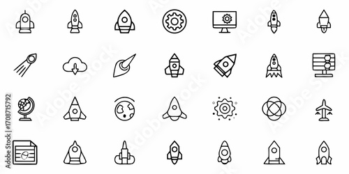 Dynamic collection of modern rocket and space icons, representing innovation, exploration, and technological advancement for business and creative projects