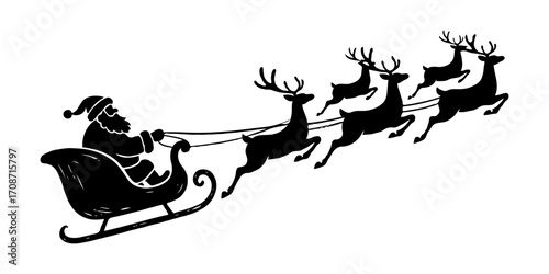 Silhouette of Santa Claus riding sleigh pulled by reindeer on white background.