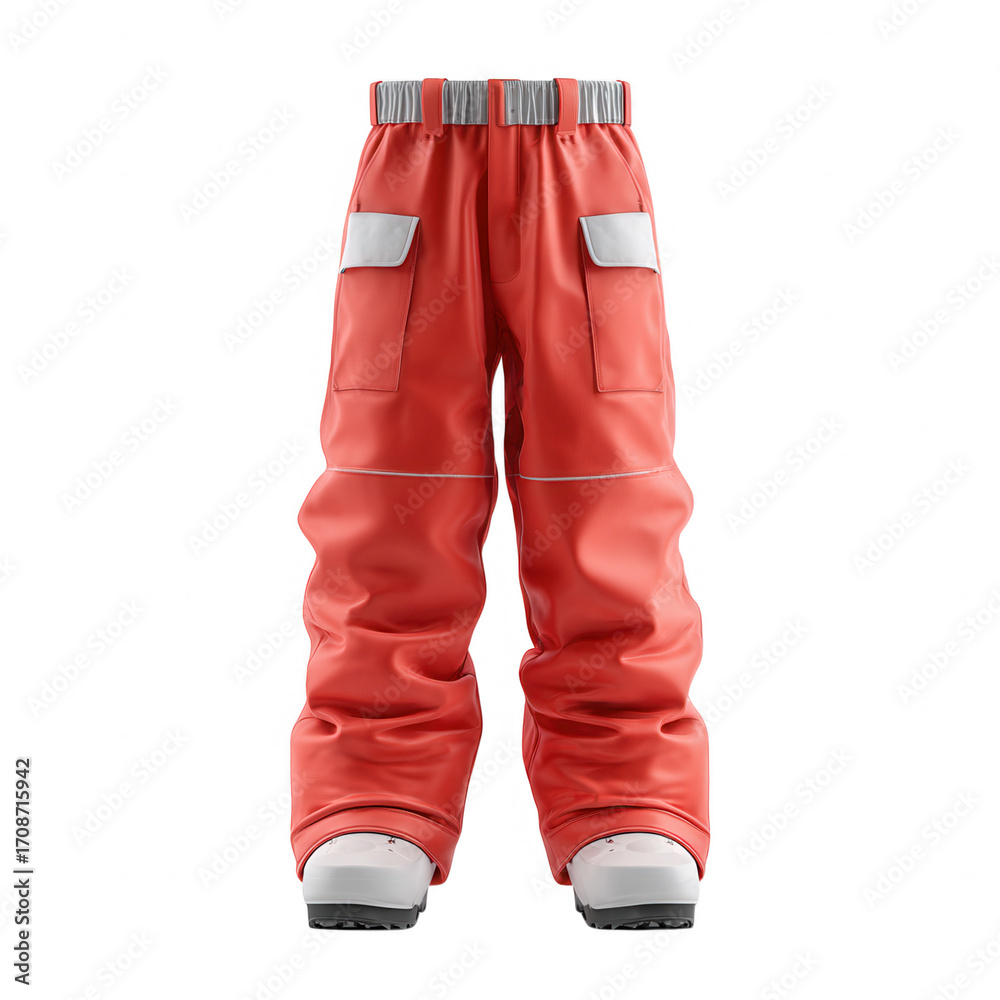 Fototapeta premium Bright orange snow pants with reflective strips isolated on transparent background