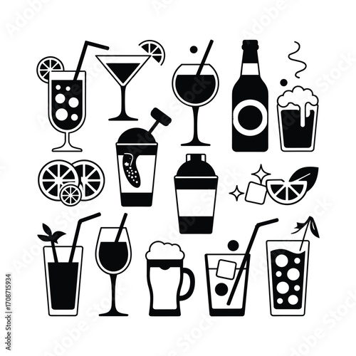 Diverse collection of classic and modern alcoholic and non-alcoholic drink icons for design projects