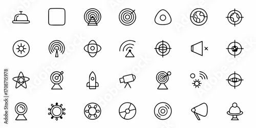 Modern business and technology icons set featuring communication, science, and strategy elements for professional design projects and digital applications