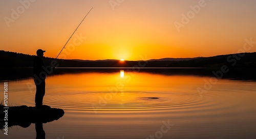 Fisherman casting line into water at sunset fishing lake