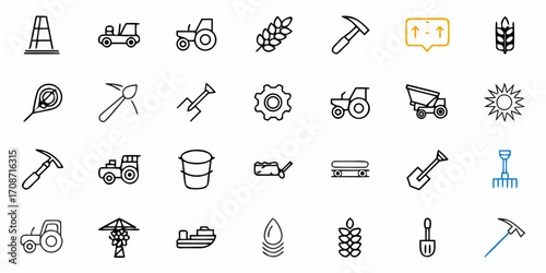 Dynamic collection of agricultural and industrial icons featuring tractors, farming tools, machinery, and natural elements for modern project design and concept visualization