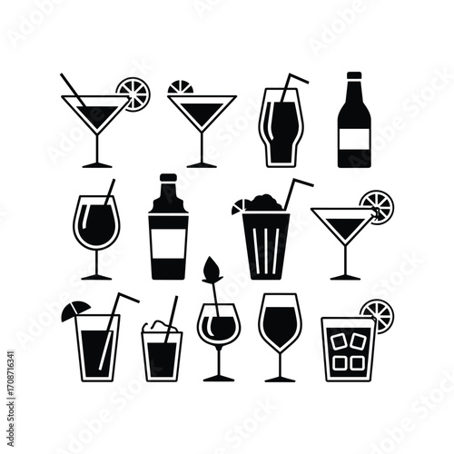 Collection of diverse cocktail drinks and bottles icons for refreshment and celebration themes
