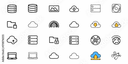 Dynamic technology icons showcasing cloud storage, data servers, laptops, and network security for modern business and digital solutions
