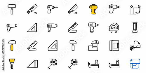 Dynamic collection of construction and DIY tools, showcasing essential instruments for building, measuring, and crafting projects with modern design elements