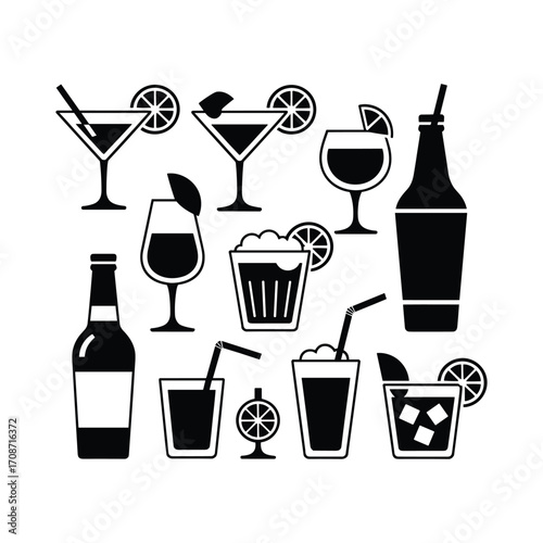 Diverse collection of silhouette cocktail and drink icons for refreshment and celebration