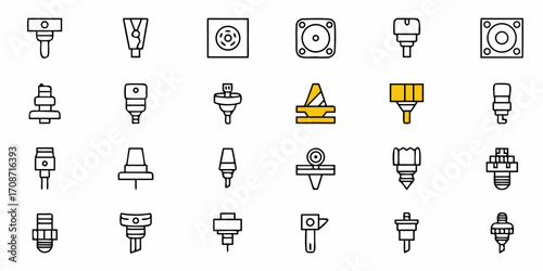 Dynamic collection of industrial nozzles and spray heads, versatile icons for manufacturing, engineering, and fluid dynamics applications, modern design elements