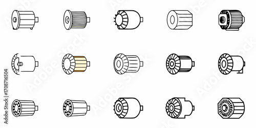 Diverse collection of stylized electric motor icons showcases dynamic engineering and industrial innovation, perfect for technical presentations and manufacturing concepts.