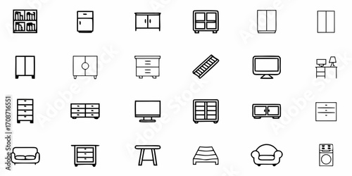 Modern furniture collection icons including sofas, dressers, wardrobes, cabinets, desks, and appliances, perfect for interior design and home decor projects.
