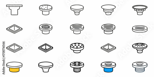 Collection of modern plumbing drain icons and fittings, showcasing various styles and designs for bathroom, kitchen, and floor installations, perfect for construction and renovation projects