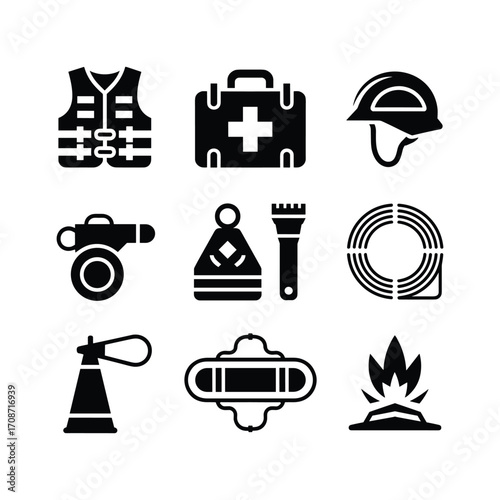 Safety gear and emergency preparedness icons set including first aid kit life vest and fire extinguisher