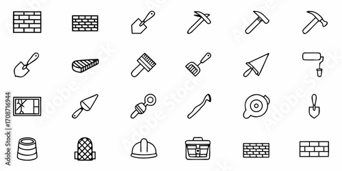 Essential construction and renovation tools including hammers, trowels, brushes, and bricks for building and DIY projects, representing industry and skilled trades