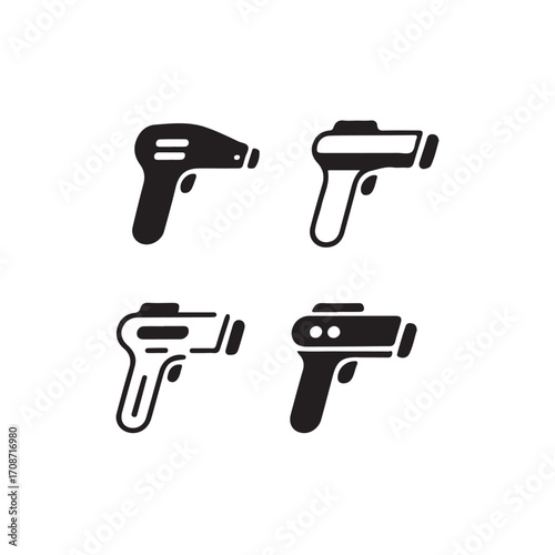 Four Vector Illustrations of Non-Contact Infrared Thermometers.Four black and white vector illustrations of non-contact infrared thermometers, showcasing different angles and perspectives.