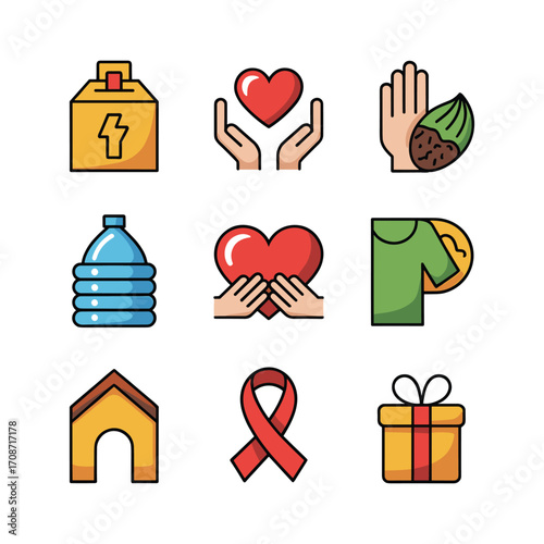 Collection of diverse charity and support icons representing kindness generosity and compassion for causes