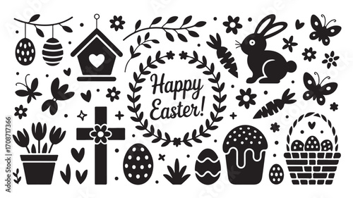 Black and white easter themed vector illustration with bunny, eggs, basket and floral elements silhouette