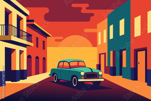 An old urban street in the city at night with architecture and car traffic