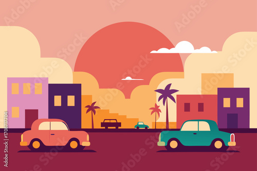 A vibrant cartoon illustration of a family car driving on a city road under a summer sky