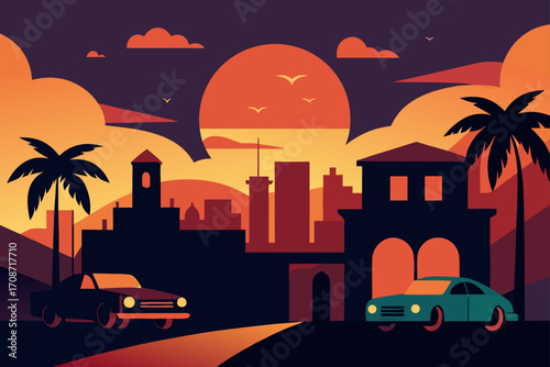 Silhouette vector illustration of a dark night cityscape at sunset with a moon, sky, and urban building skyline architecture