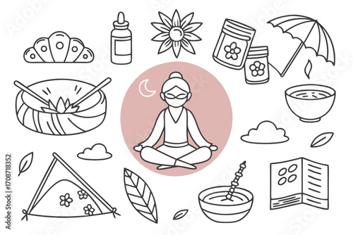 Illustration of a meditating woman surrounded by wellness and nature related icons in a line art style on transparent background