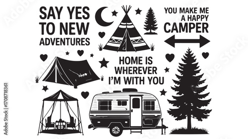 Camping adventures with camper tent tree and love for nature and outdoor travel vector design