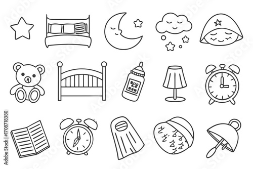 Illustration of various bedtime themed icons including a bed moon star teddy bear and other sleep related items on transparent background