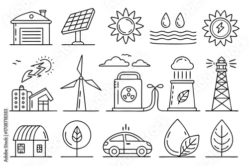 Illustration of renewable energy sources including solar panel, wind turbine, and electric car outline icons on transparent background
