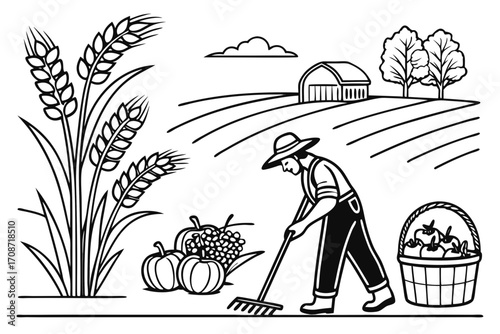 Illustration of a farmer working in a field with wheat pumpkins grapes apples and a barn in the background on transparent background