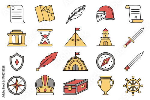 Illustration with historical and adventure themed icons including map sword compass and various other items on transparent background