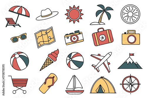Illustration of various summer vacation themed icons including beach chair, sunglasses, camera and airplane on transparent background