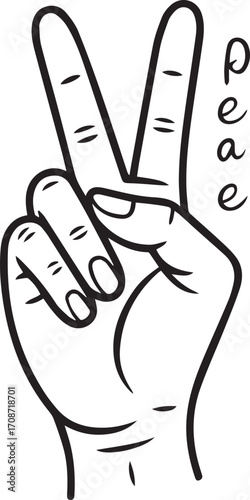 Hand making peace sign with the word "peace" written vertically