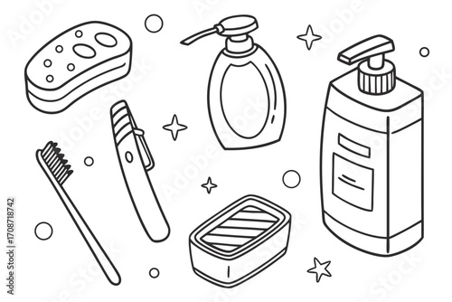 Illustration of various bathroom items including soap, toothbrush and lotion in a simple line drawing style on transparent background