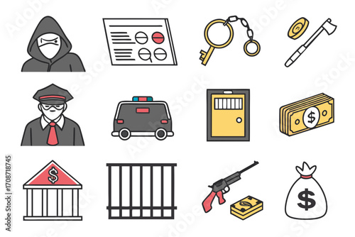 Illustration showing a hooded figure, a guard, a getaway car, and various crime related objects and symbols on transparent background